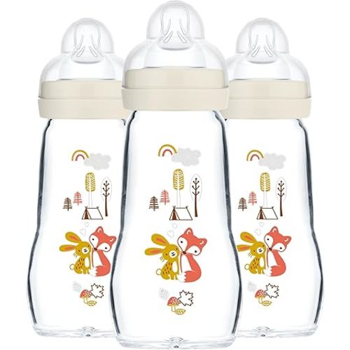 MAM Feel Good Medium Flow Premium Glass Bottle, Easy Switch Between Breast and Bottle, 9oz, 0+ Months, Unisex, 3 Pack