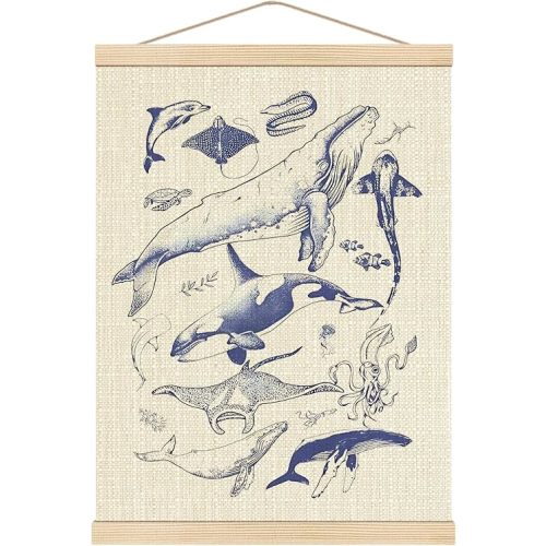 Boat Wades Ocean Animal Shark Poster Hanger Frame For Nursery Classroom,Watercolor Sea Animals Wooden Poster Hangers 12x16 Inch, Sea Life Kid Teen Room Bedroom Wall Art Decor