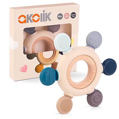 akolik Baby Teething Toys, Silicone Teether for Babies Toddlers, BPA-Free, Oar Clutching Toy Teether, Soothing Teething Pain Relief for 0-6 6-12 Months Baby (Gery)