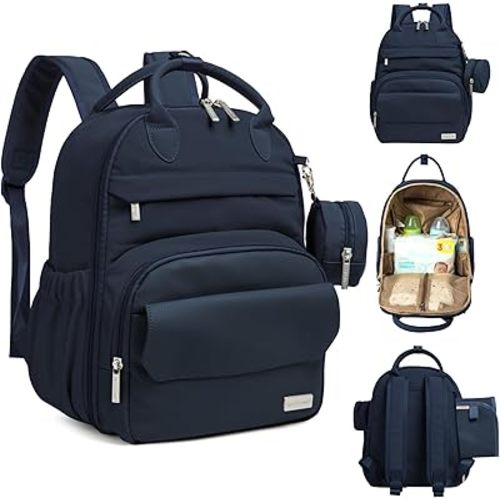 Diaper Bag Backpack - Multifunctional Travel Diaper Back Packs,Maternity Baby Changing Bags, Compact 12L Capacity, PU Leather, Waterproof, Unisex, Stylish Nappy Bag, Diaper Changing Pad (Navy Blue)