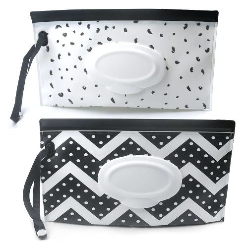 Baby Wipe Dispenser,Portable Refillable Wipe Holder Wipe Dispenser Bag Reusable Travel Wet Wipe Pouch (Black & White)
