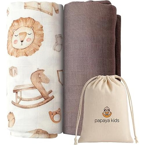 Muslin Swaddle Blankets - Large Soft Bamboo Viscose & Cotton Baby Swaddle Blanket, Breathable Receiving Blanket for Newborn Essentials, 2-Pack (Safari Dream)