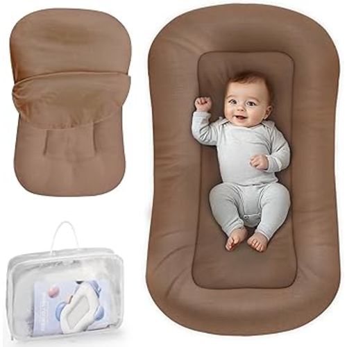 Baby Lounger - Baby Lounger for Newborn, 0-24 Months, Infant Lounger for Home and Travel, Soft Cotton, Baby Nest Lounger, Newborn Babies Essentials Gifts, Brown (Lounger Cover Included)