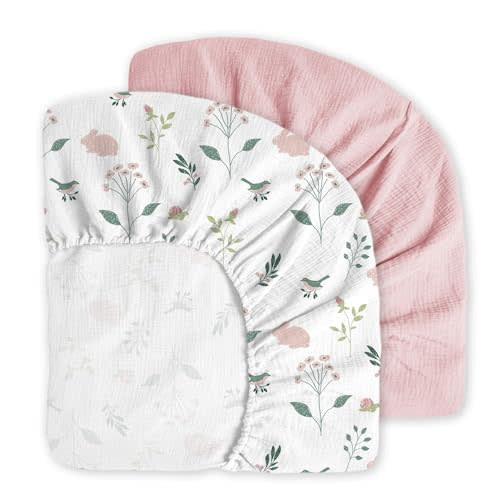 Little Grape Land Muslin Crib Sheets Fitted for Boys and Girls 2 Pack, 100% Cotton Baby Bed Sheets Soft Breathable, Neutral Fitted Baby Mattress Sheets for Standard Crib 52x28 inches, Pink Bunny