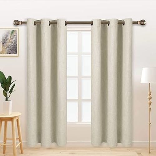 LORDTEX Linen Look Textured Blackout Curtains with Thermal Insulated Liner - Heavy Thick Grommet Window Drapes for Bedroom, 40 x 72 Inches, Ivory, Set of 2 Panels