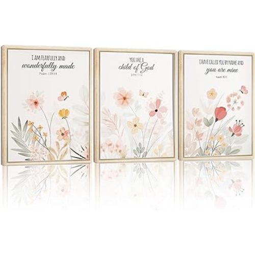 Set Of 3 Framed Floral Nursery Wall Art Christian Artwork Inspirational Bible Verse Canvas Prints Vintage Wildflower Nursery Pictures For Girls Room Living Room Bedroom