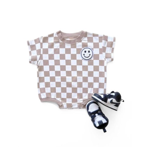 LPK Short Sleeve Bubble Romper - Checkered Smiley Latte