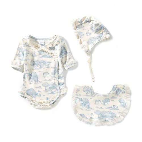 Edgehill Collection Baby Girls Toile Long Sleeve Wrap Front Bodysuit, Bonnet, & Booties Set