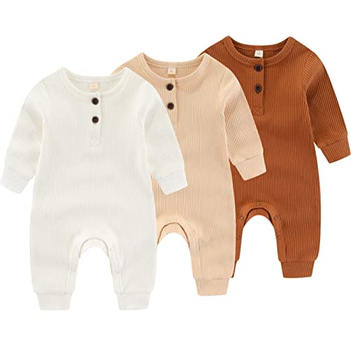 IADOER Newborn Baby Boys Girls One Piece Romper With Mitten Cuffs 3 Pack Long Sleeve Ribbed Button Jumpsuit Outfit Clothes