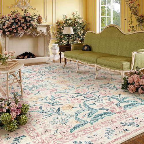 Moynesa 6'x9' Pink Washable Boho Floral Rug, Non-Slip, Soft Low-Pile Area Rug for Bedroom, Living Room, Nursery