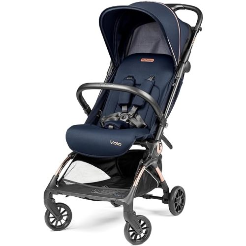 Peg Perego Volo, Ultra Lightweight Carry On Compliant Travel Stroller, Adjustable Features & Reclining Seat - Designed for Everyday Comfort from Newborn to 50lbs, Blue Shine (Blue & Copper)