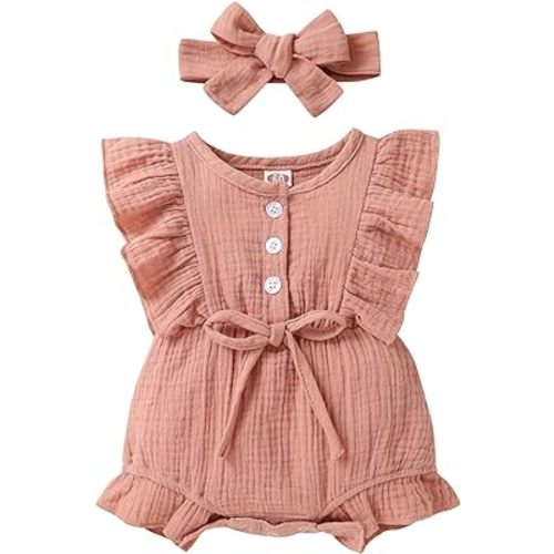 YOUNGER TREE Toddler Baby Girl Ruffled Sleeveless Romper Casual Summer Jumpsuit Cotton Linen Clothes
