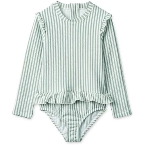 Girls One Piece Swimsuits Zipper Rash Guard Long Sleeve Bathing Suit with Ruffle Hem UPF50+
