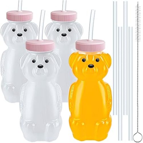4 PCS Honey Bear Straw Cup, Baby Straw Cups with 8 Flexible Straws and 1 Straw Brushes, 8oz Special Supplies Juice Bear Bottle for Infant Feeding, Drinking Needs of Those with Poor Oral Health (Pink)