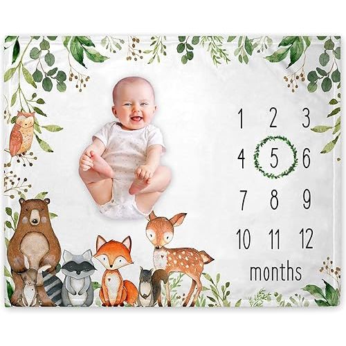 Yuzioey Woodland Baby Monthly Milestone Blanket, Woodland Animals Baby Growth Chart Monthly Blanket, Watch Me Grow Baby Woodland Forest Nursery for New Moms Baby Shower, Includes Marker (50"x40")