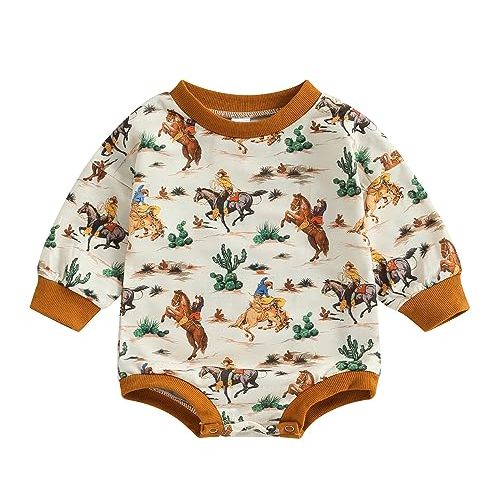 MAINESAKA Newborn Western Cowboy Outfits Baby Girl Boy Sweatshirt Romper Cow Printed Long Sleeve Bodysuit Romper Fall Outfits