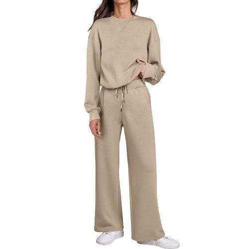 Caracilia Women's 2 Piece Outfits Sweatsuit Fall Crewneck Sweatshirts Wide Leg Pants Lounge Matching Sweat Sets Tracksuit