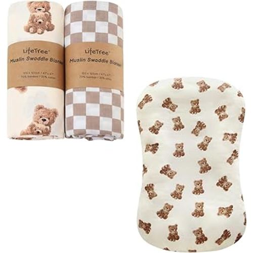 LifeTree Muslin Swaddle Blankets Neutral, 70% Viscose from Bamboo and 30% Cotton, Large 47 x 47 inches and Baby Lounger Cover 1 Pack Bear Pattern