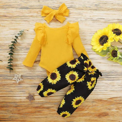 Kayannuo Baby Girl Clothes Long Sleeve Fall Winter Clearance Newborn Baby Girl Clothes Infant Outfits Ruffle Sleeve Romper Bodysuit Floral Pants Toddler Girl Outfits,Yellow