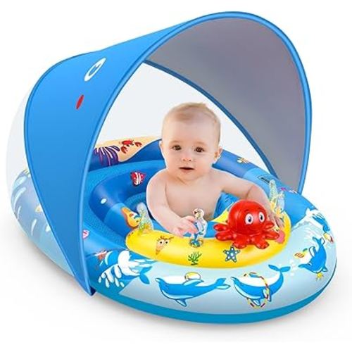 EZIGO Baby Pool Float with Canopy UPF50+ Sun Protection, Inflatable Kids Pool Floats with Ocean Animal Toys for Babies 6-36 Months, Infant Swimming Float with Adjustable Safety Seat for Boys Girls