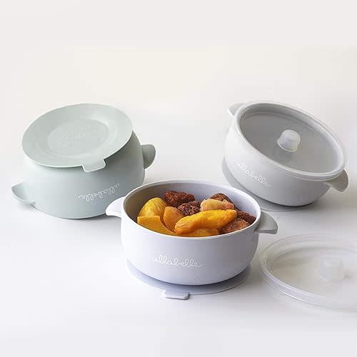 Silicone Baby Bowls with Lids | Toddler Food Storage Bowls | 100% Food Grade Silicone | BPA Free and Nontoxic Material | Independent Feeding (Blue/Sage/Grey, 3 Bowls)