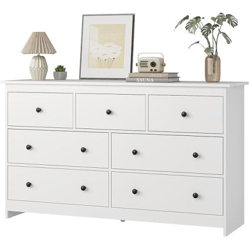 JOZZBY 7 Drawer Dresser for Bedroom, 55 Inch White Wooden Large Dresser with Golden Handles, Modern Chests of Deep Drawers Organizer for Home Office, Hallway