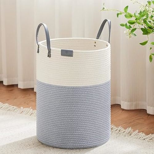VIPOSCO Tall Laundry Basket, Large Dirty Clothes Hamper with Leather Handle, Woven Rope Storage Basket for Blanket, Toy In Living Room, Bathroom, Bedroom - 58L Grey & White