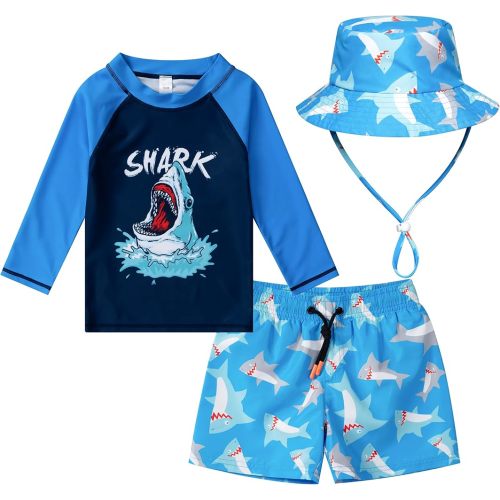 Toddlers and Baby Boys' 3-Piece Swimsuit Trunk Rashguard Set and Sun Hat Swimwear Bathing Suit Sunsuit Swim Shirt UPF 50+