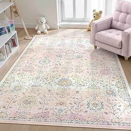 Lahome Pink Boho Area Rug for Nursery, 5x7 Washable Pink Rugs for Bedroom Girls Kids Room Living Room, Floral Pastel Carpet Non Slip for Teen Toddler Classroom Playroom Dorm, Bedroom Decor