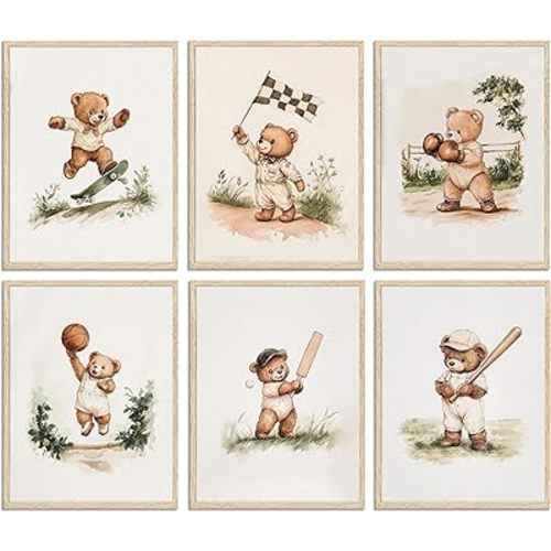 6pcs Nursery Bear Wall Art Vintage Teddy Bear Sports Wall Decor Nursery Sports Prints Canvas Boy Room Pictures Kids Animal Posters Painting Artwork for Bedroom Playroom Unframed