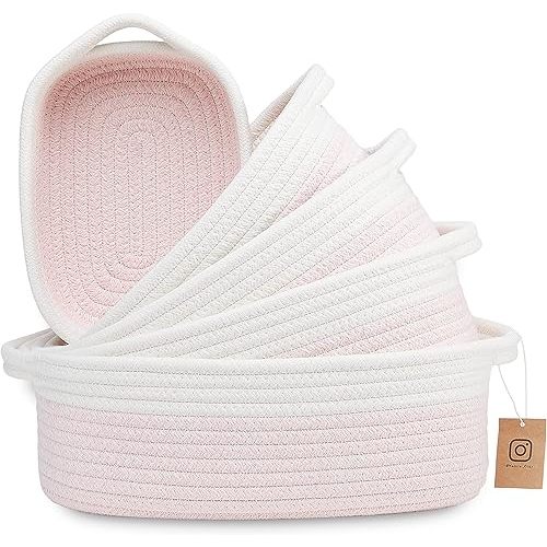 NaturalCozy 5-Piece Rectangle Storage Basket Set- Natural Cotton Rope Woven Baskets for Organizing! Small Basket for Montessori, Baby Nursery, Dog Toy Baskets, Cat Toy Box, Bathroom Organization Bin