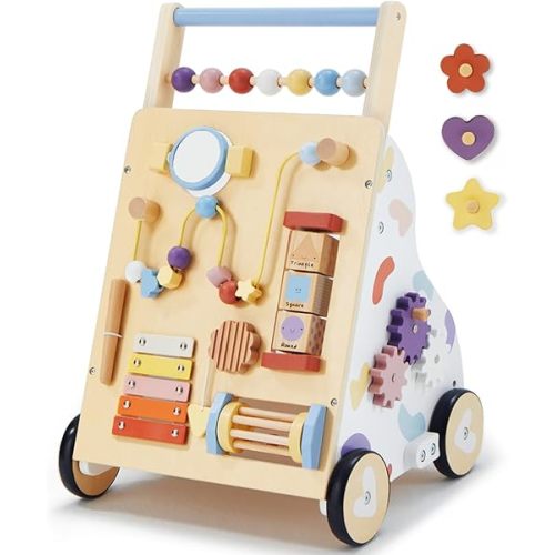 Frogprin Wooden Baby Walker, Baby Push Walker, Montessori Walker Toy for Babies 12M+ Learning to Walk & Sit-to-Stand, Adjustable Speed Walkers for Boys, Baby Activity Center with Sensory Toy for Girls