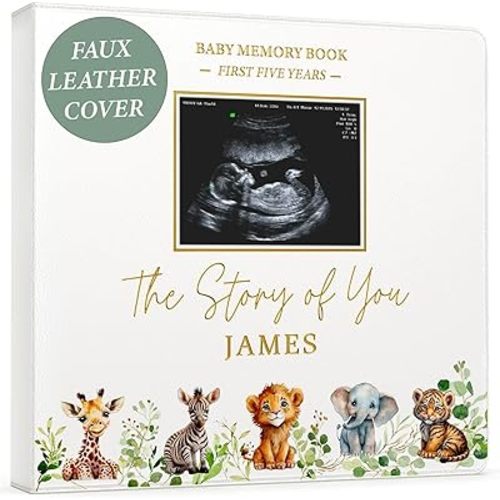 PERSONALIZED Baby Book – Baby Memory Book Keepsake for Boy or Girl I First 5 Year I Faux Leather, Gender Neutral, Safari Theme w/Gold Foil Stamp - Baby First Year Book Scrapbook Photo Album Shower