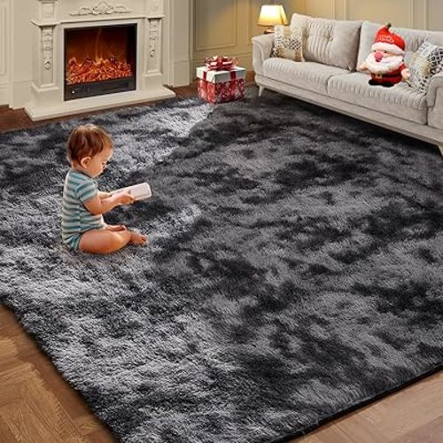 Large Area Rugs for Living Room, 6x9 Feet Fluffy Shag Fuzzy Plush Soft Bedroom Area Rugs, Indoor Floor Carpet for Kids Boys Girls Dorm Nursery Home Decor Aesthetic, Tie-Dyed Dark Gray