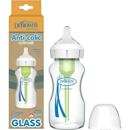 Dr. Brown's Natural Flow Anti-Colic Options+ Wide-Neck Glass Baby Bottle 9 oz/270 mL,with Level 1 Slow Flow Nipple,1 Pack,0m+