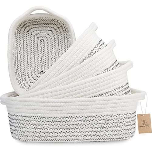NaturalCozy 5-Piece Rectangle Storage Basket Set- Natural Cotton Rope Woven Baskets for Organizing! Small Basket for Montessori, Baby Nursery, Dog Toy Baskets, Cat Toy Box, Bathroom Organization Bin