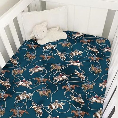 Vintage Cowboy Life Baby Crib Sheets for Boy Girl Navy Country Western Cowboys Horse Soft Snug Fitted Crib Mattress Covers Fit 52''x28'' Standard Crib & Toddler Mattress Wild West Nursery Bed Sheets