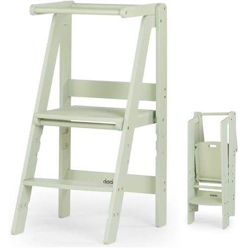 dadada Baby Foldable Montessori Tower - Adjustable Kitchen Step Stool for Kids with Safety Rail, Non-Toxic Finish, Great for Small Space Living (Sage Green)