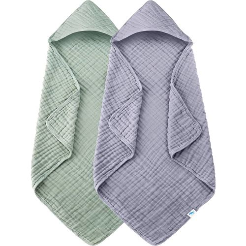 Muslin Hooded Baby Bath Towels - 2 Pack 100% Cotton Towel for Babies, Infants, Toddlers, Green and Grey