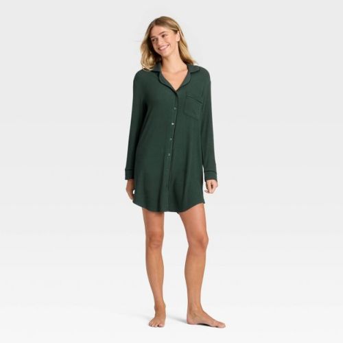 Women's Cozy Ribbed Notch Collar Nightgown - Auden™