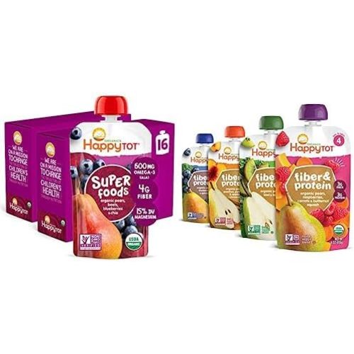 Happy Tot Organics Super Foods Stage 4, Pears, Blueberries & Beets (Pack of 16) & Stage 4 Fiber & Protein 4 Flavor Variety Pack (Pack of 16)