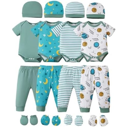 NZRVAWS Newborn Baby Boy Girl Clothes Unisex Infant Romper Pants Set Hat 4-Pack Outfits 0-12 Months 16 Pieces Toddler