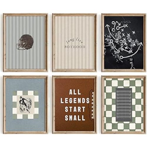 Vintage Football Nursery Wall Art Boys Room Sports Canvas Wall Decor Vintage Football Pictures Prints Boy Sports Posters Nursery Artwork Painting for Kids Toddler Bedroom 12x16 Inch Unframed Set of 6