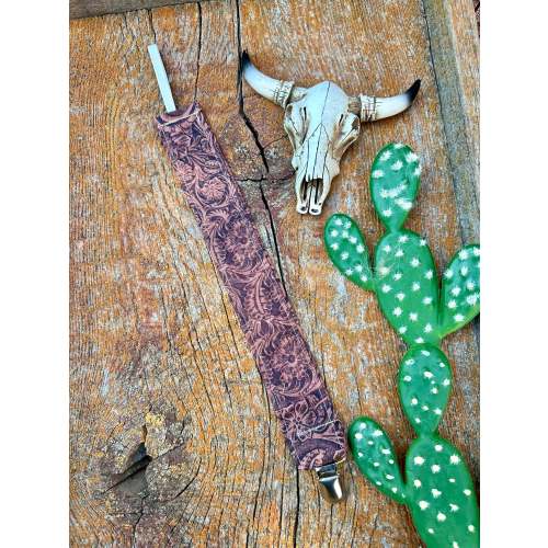 Brown tooled look baby pacifier clip