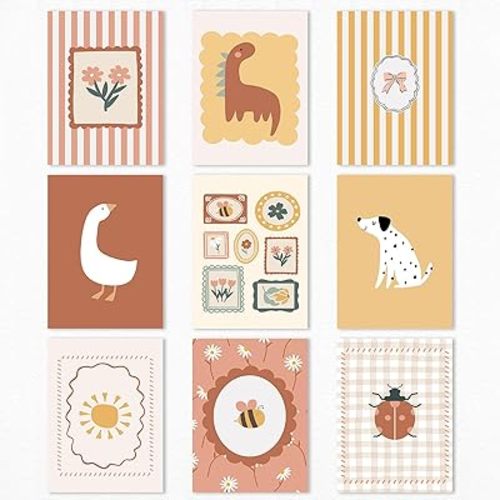 Set of 9 Boho Nursery Canvas Wall Art, Cute Goose Dog Dinosaur Animals Poster for Kids Room, Rustic Flowers Bows & Sunshine Picture Print, Pink Yellow Striped Baby Room Wall Decor 8x12in Unframed