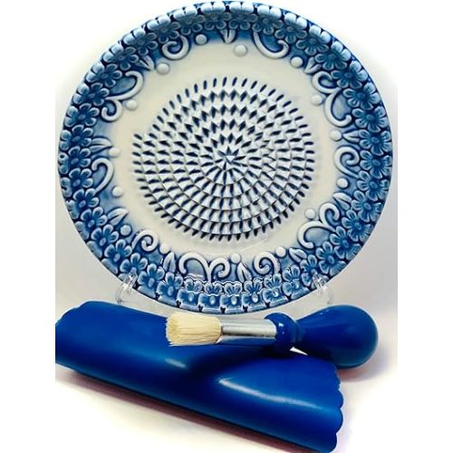 All-in-one 4pcs Premium Ceramic Garlic Grater Set -Glazed Design Grater Plate w/Garlic Peeler, Gathering Brush, Display Stand, It's also grating Turmeric, Ginger, and more,