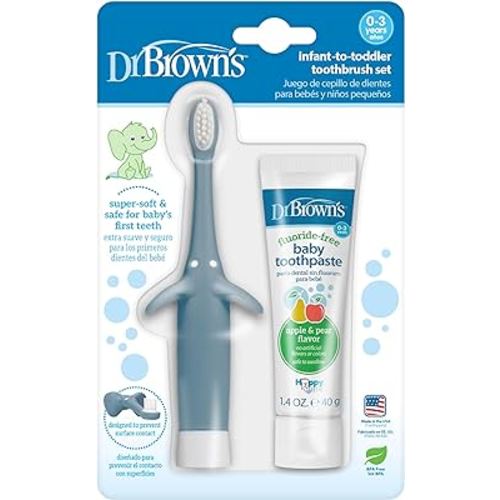 Dr. Brown's Infant-to-Toddler Training Toothbrush Set, Blue Elephant with Fluoride-Free Apple Pear Baby Toothpaste, 0-3 years