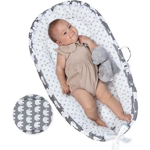 Baby Lounger - Organic Cotton Soft Touch Comfort Infant Lounger - Portable Reversible Washable Infant Floor Seat – Adjustable Baby Nest - Baby Lounger for Newborn - Elephant Stars Print