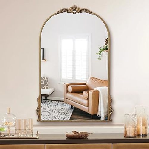 Carved Arched Wall Mirror, 24" x 36" Antique Gold Bathroom Mirror, Ornate Baroque Decorative Mirror for Living Room, Fireplace, Bedroom, Entryway