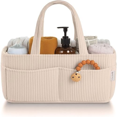 PUTSKA Baby Diaper Caddy Organizer for Changing Table – Stylish Nursery Storage Basket, Newborn Essentials, Baby Shower Gifts and Registry Must-Haves for Boy or Girl, Car Diaper Caddy, Corduroy Cream